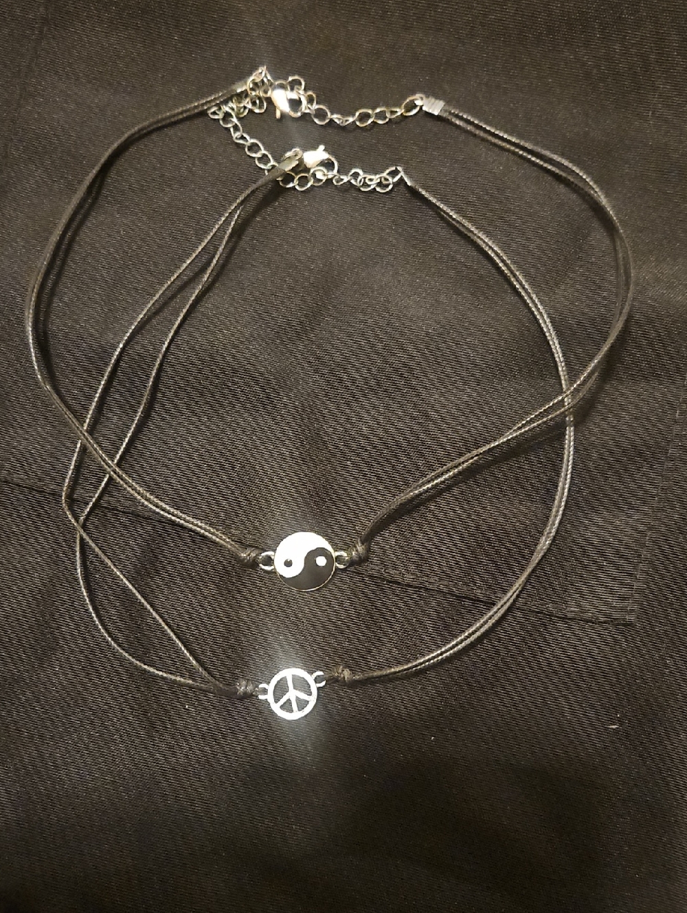 Source Unknown Black Cord Layered Choker with Yin Yang and Peace Charms